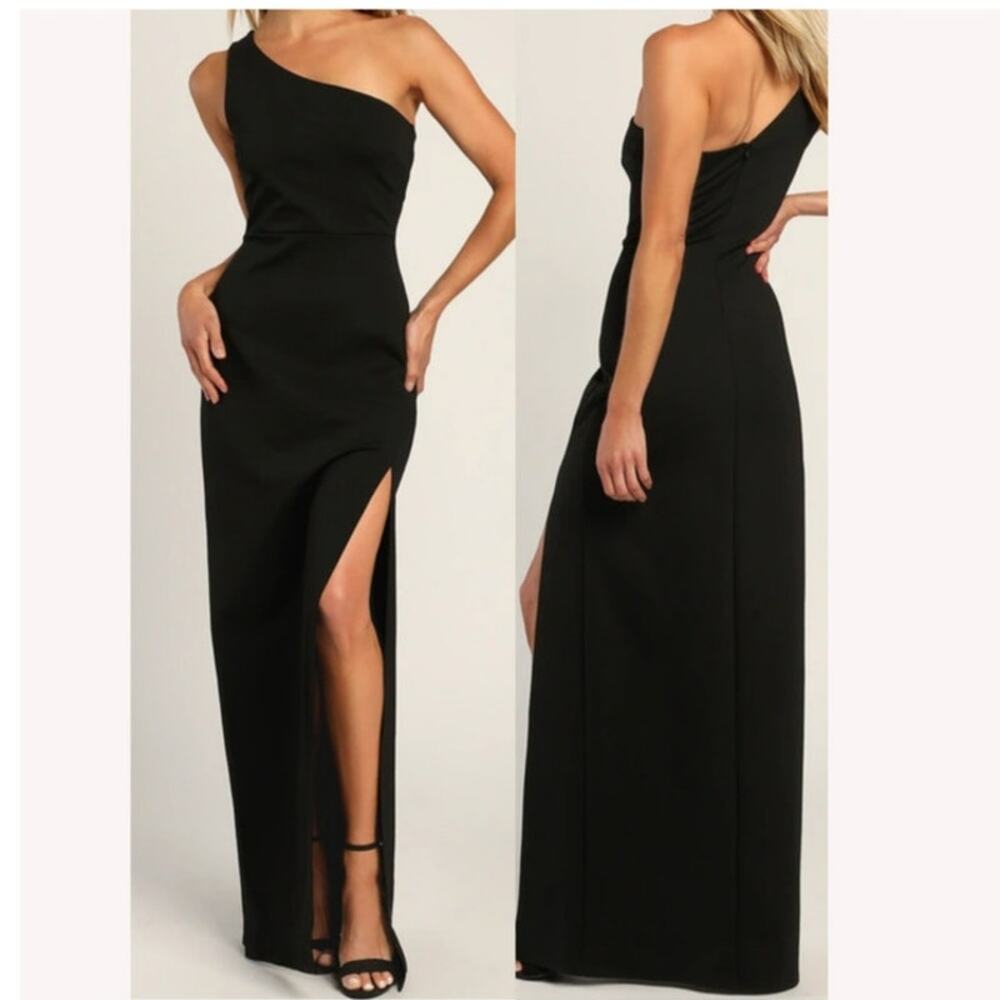 LULU'S Good Times Only Dress Small Maxi Black Bodycon One Shoulder NEW High Slit - Picture 2 of 12